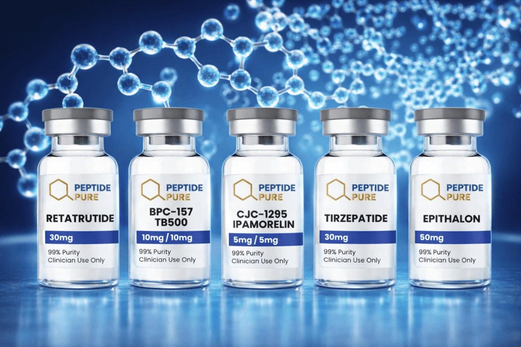 PeptidePure vials — Retatrutide, BPC-157 TB500, CJC-1295 Ipamorelin, Tirzepatide, Epithalon
